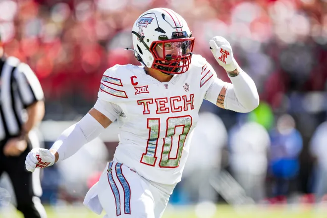 LUBBOCK, TEXAS - NOVEMBER 08: Jacob Rodriguez #10 of the Texas Tech Red Raiders defends during the first half of the game against the BYU Cougars at Jones AT&T Stadium on November 08, 2025 in Lubbock, Texas. (Photo by John E. Moore III/Getty Images)
