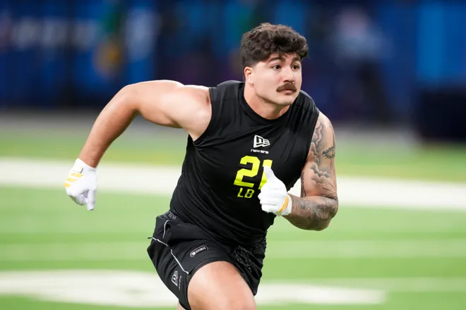 Feb 26, 2026; Indianapolis, IN, USA; Texas Tech linebacker Jacob Rodriguez (LB21) during the NFL Scouting Combine at Lucas Oil Stadium. Mandatory Credit: Kirby Lee-Imagn Images