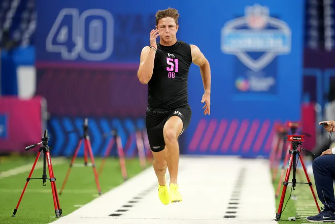 Feb 27, 2026; Indianapolis, IN, USA; Texas defensive back Michael Taaffe (DB51) during the NFL Scouting Combine at Lucas Oil Stadium. Mandatory Credit: Kirby Lee-Imagn Images