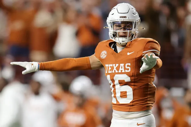 AUSTIN, TEXAS - NOVEMBER 28: Michael Taaffe #16 of the Texas Longhorns reacts during the first quarter against the Texas A&M Aggies at Darrell K Royal-Texas Memorial Stadium on November 28, 2025 in Austin, Texas. (Photo by Alex Slitz/Getty Images)