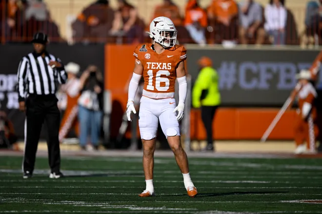 Dec 21, 2024; Austin, Texas, USA; Texas Longhorns defensive back Michael Taaffe (16) in action during the game between the Texas Longhorns and the Clemson Tigers in the CFP National Playoff First Round at Darrell K Royal-Texas Memorial Stadium. Mandatory Credit: Jerome Miron-Imagn Images