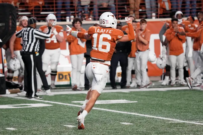 Nov 24, 2023; Austin, Texas, USA; Texas Longhorns defensive back Michael Taaffe (16) reacts after blocking a punt during the first half against the Texas Tech Red Raiders at Darrell K Royal-Texas Memorial Stadium. Mandatory Credit: Scott Wachter-USA TODAY Sports