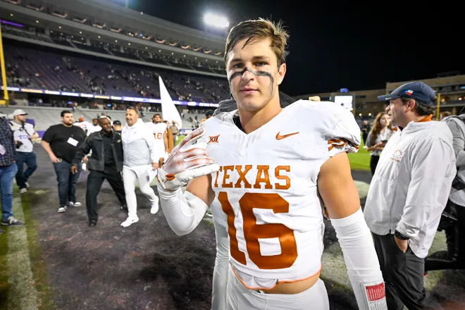 Nov 11, 2023; Fort Worth, Texas, USA; Texas Longhorns defensive back Michael Taaffe(16) after the game between the TCU Horned Frogs and the Texas Longhorns at Amon G. Carter Stadium. Mandatory Credit: Jerome Miron-USA TODAY Sports
