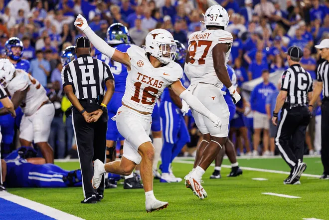 Oct 18, 2025; Lexington, Kentucky, USA; Texas Longhorns defensive back Michael Taaffe (16) celebrates after the Kentucky Wildcats fail to score during overtime at Kroger Field. Mandatory Credit: Jordan Prather-Imagn Images
