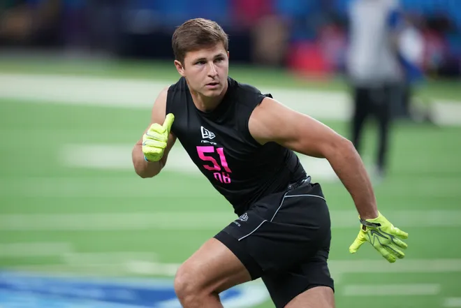 Feb 27, 2026; Indianapolis, IN, USA; Texas defensive back Michael Taaffe (DB51) during the NFL Scouting Combine at Lucas Oil Stadium. Mandatory Credit: Kirby Lee-Imagn Images