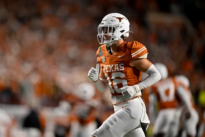 Dec 21, 2024; Austin, Texas, USA; Texas Longhorns defensive back Michael Taaffe (16) in action during the game between the Texas Longhorns and the Clemson Tigers in the CFP National Playoff First Round at Darrell K Royal-Texas Memorial Stadium. Mandatory Credit: Jerome Miron-Imagn Images