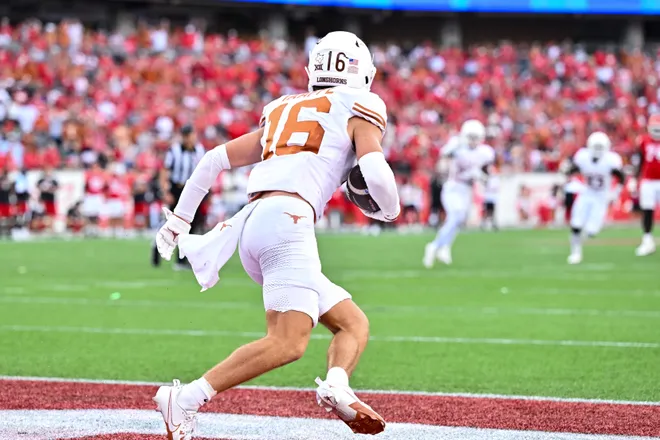 Oct 21, 2023; Houston, Texas, USA; Texas Longhorns defensive back Michael Taaffe (16) catches an interception in the end zone during the fourth quarter against the Houston Cougars at TDECU Stadium. Mandatory Credit: Maria Lysaker-USA TODAY Sports