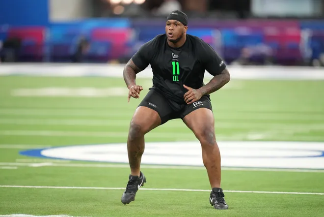 Mar 1, 2026; Indianapolis, IN, USA; Texas offensive lineman DJ Campbell (OL11) during the NFL Scouting Combine at Lucas Oil Stadium. Mandatory Credit: Kirby Lee-Imagn Images