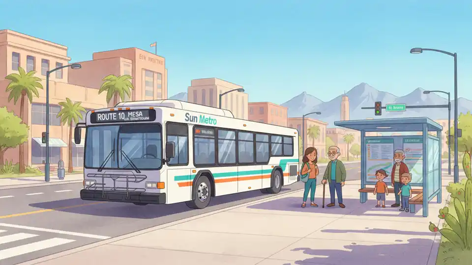 El Paso Sun Metro bus at downtown transit stop on clear spring day