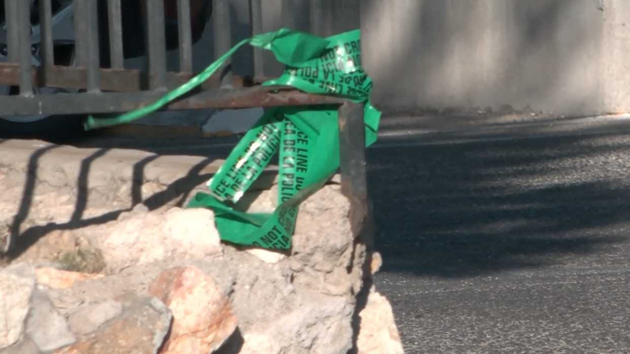 Green tape seen along N. Mesa Street after a pedestrian and vehicle were involved in a crash on Friday, April 23, 2026. (KTSM)