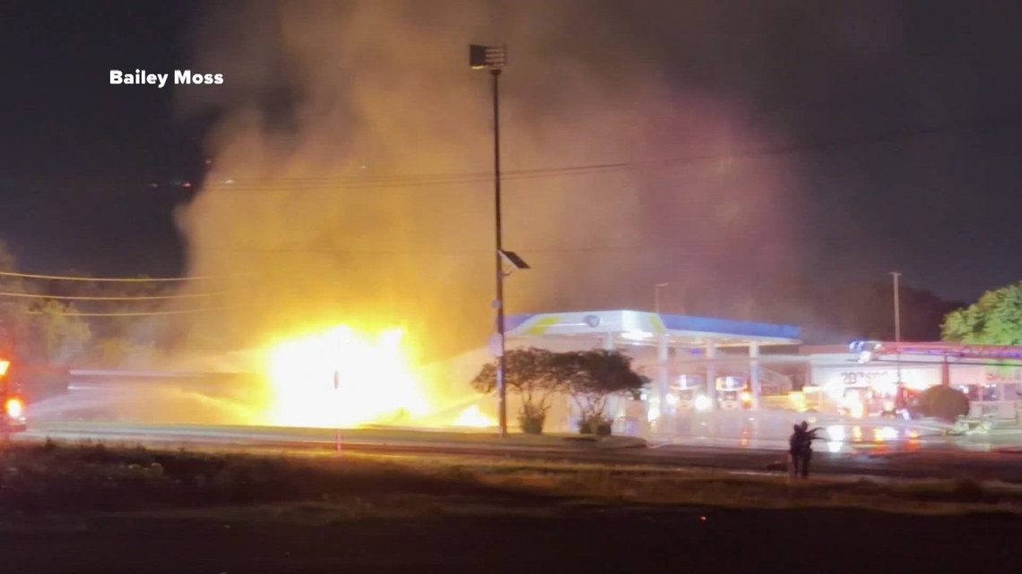 An 18-wheeler carrying 9,000 gallons of gasoline goes up in flames in Fort Worth