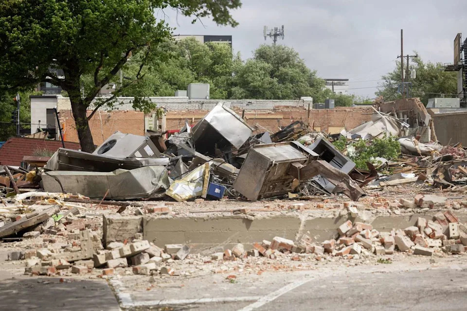Crews demolished Chuy's Tex-Mex restaurant on McKinney Avenue near Knox Street in Dallas on April 1, 2026. The restaurant moved last year to a new Dallas location. (Juan Figueroa/The Dallas Morning News)