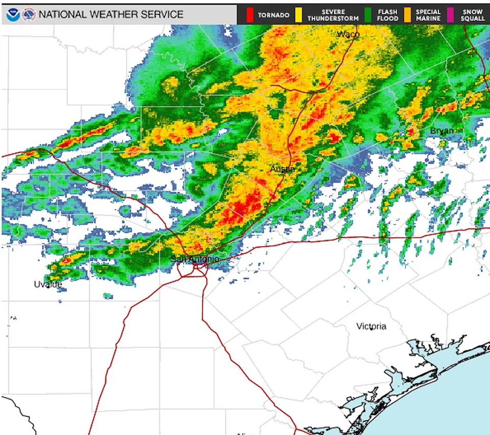The National Weather Service radar shows storms entering San Antonio, Texas, on Thursday, April 2, 2026. (Courtesy of the National Weather Service)