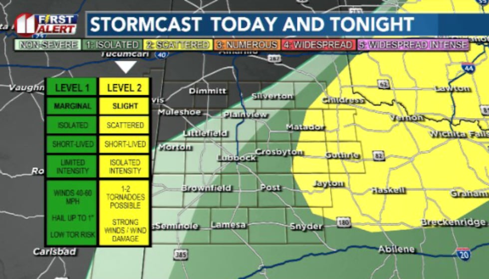 A Slight (2/5) Risk envelops our eastern counties as we expect a round or two of strong to...