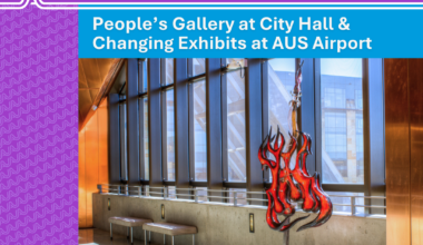 AIPP Exhibition Open Calls shows a modern interior with tall windows and a red flame shaped hanging sculpture. Applications close May 31 2026, with the Austin Arts Culture Music and Entertainment logo