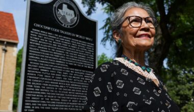 Nuchi Nashoba is the president of the Choctaw Code Talkers Association and great granddaughter of Choctaw Code Talker Ben Carterby. Nashoba said it was a full-circle moment to see the code talkers honored for their time at Camp Bowie in Fort Worth. (Christine Vo/Fort Worth Report via AP)