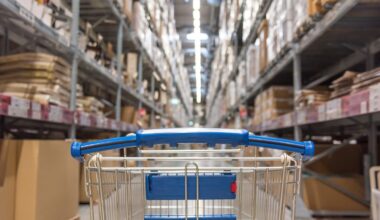 Shopping cart in a wholesale club aisle