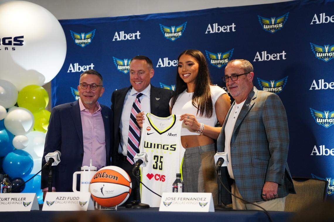 On Thursday in Dallas, the Dallas Wings introduced No. 1 overall WNBA draft pick Azzi Fudd during a press conference. She is flanked by (from left) general manager Curt Miller, team president Greg Bibb and head coach Jose Fernandez.