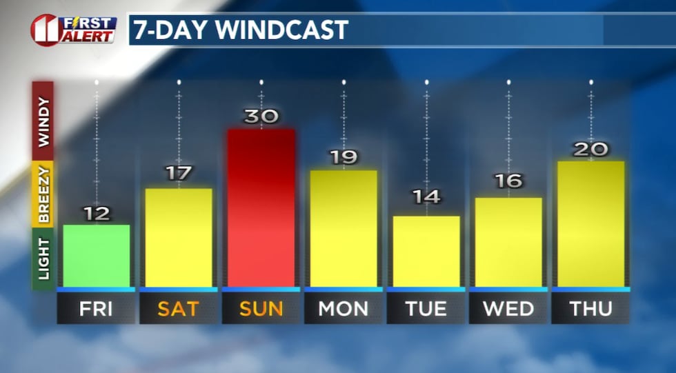 Forecast peak sustained winds are shown in this graph. Peak gusts will exceed the values shown...