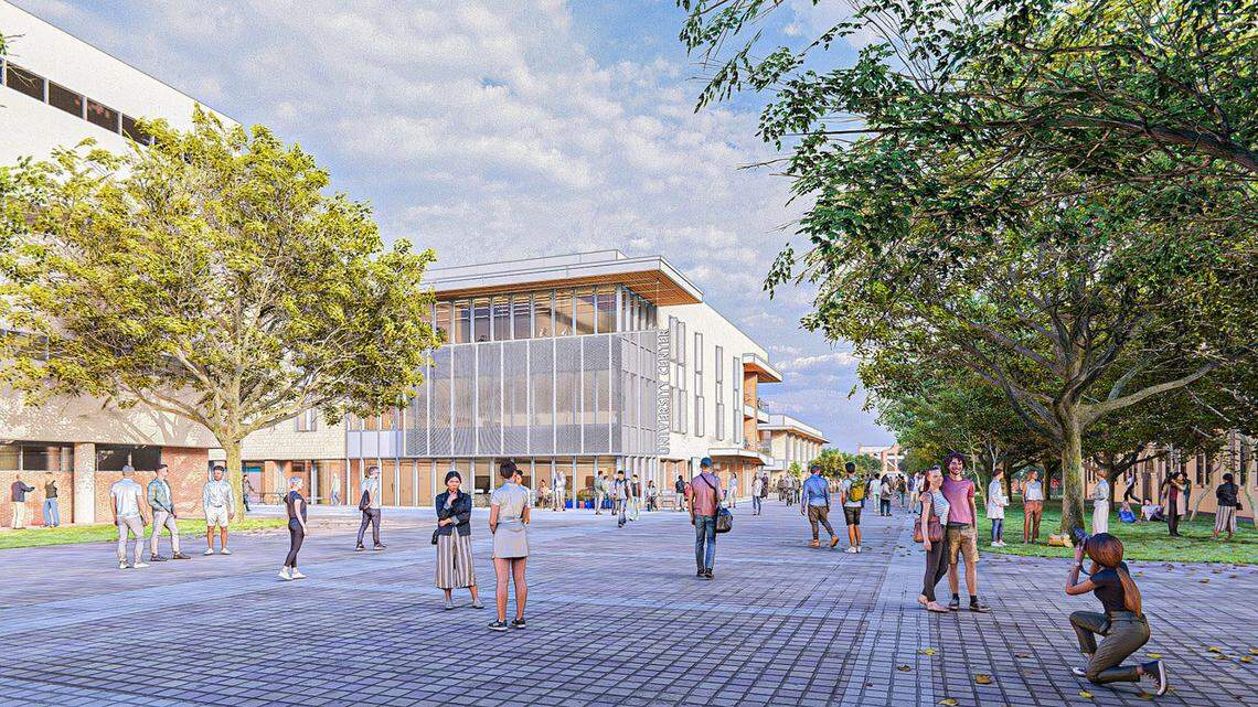 Renderings of UT Arlington’s University Center, when construction is completed in 2028.