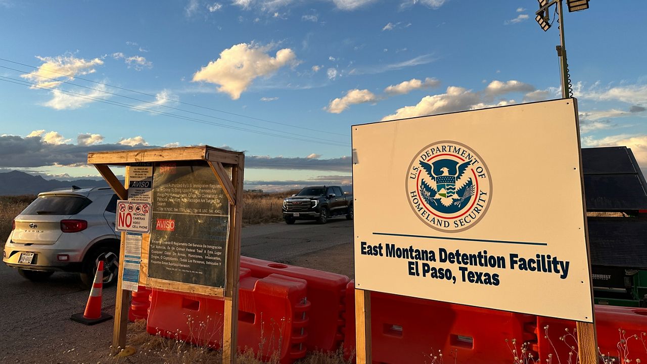 A sign marks the entrance to a series of hardened tents at the Camp East Montana immigrant detention center in the desert at a U.S. Army base on the outskirts of El Paso, Texas, Friday, Feb. 13, 2026. (AP Photo/Morgan Lee)