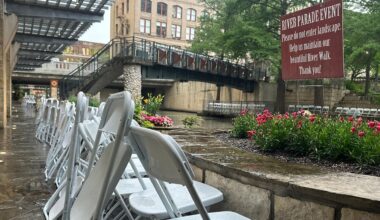 The chairs that fill the River Walk during Fiesta