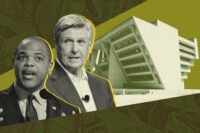 Mayor Eric Johnson and Mavericks' Rick Welts with Dallas City Hall