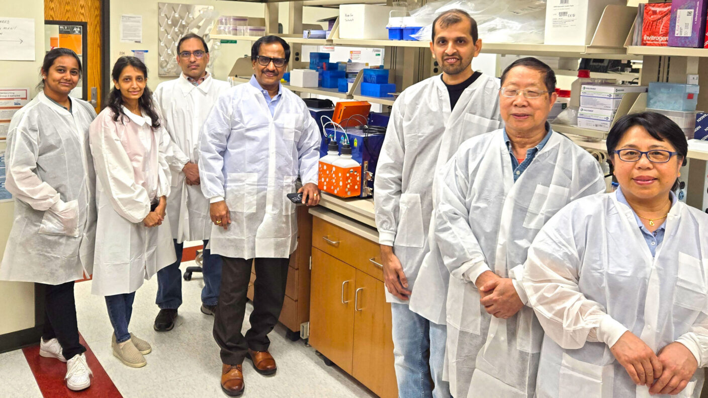 Scenes from the Shetty lab, with all researchers standing and facing the camera for an image.