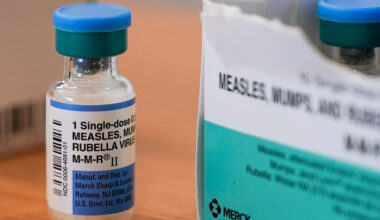 A vial of the measles, mumps and rubella vaccine is on display at the Lubbock Health Department, Fe...