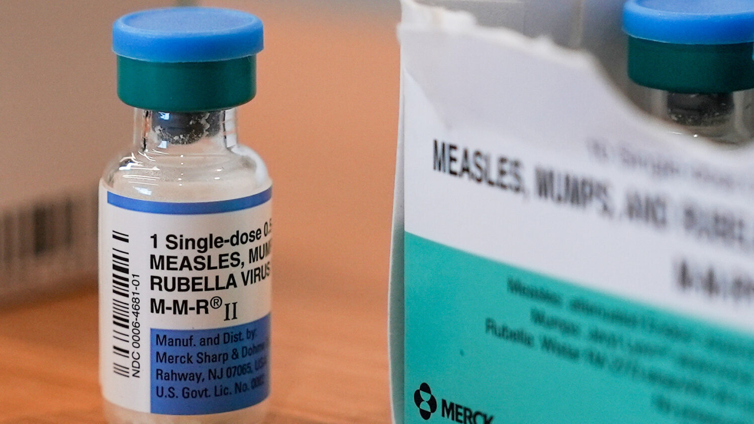 A vial of the measles, mumps and rubella vaccine is on display at the Lubbock Health Department, Fe...