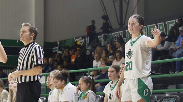 Southlake guard Whitney Jense (20) reacts to a play against L.D. Bell during the second half of a UIL girls basketball game between L.D. Bell and Southlake Carroll at Southlake Senior High School in Southlake, Texas, Tuesday Feb. 03, 2026