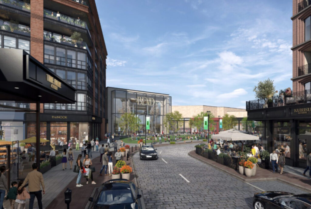 Rendering shows the walkable urban village imagined for The Bend in Plano.