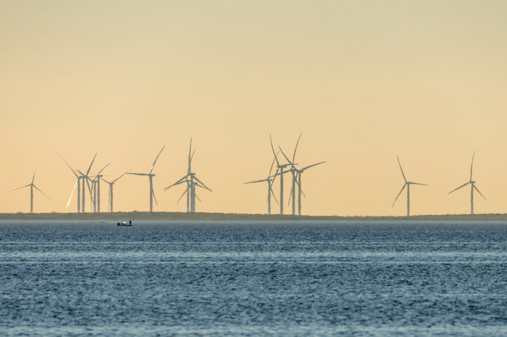 A wind farm is seen on the shore off the Laguna Madre near Port Isabel, Texas. Credit: Jon G. Fuller/VW Pics/Universal Images Group via Getty Images
