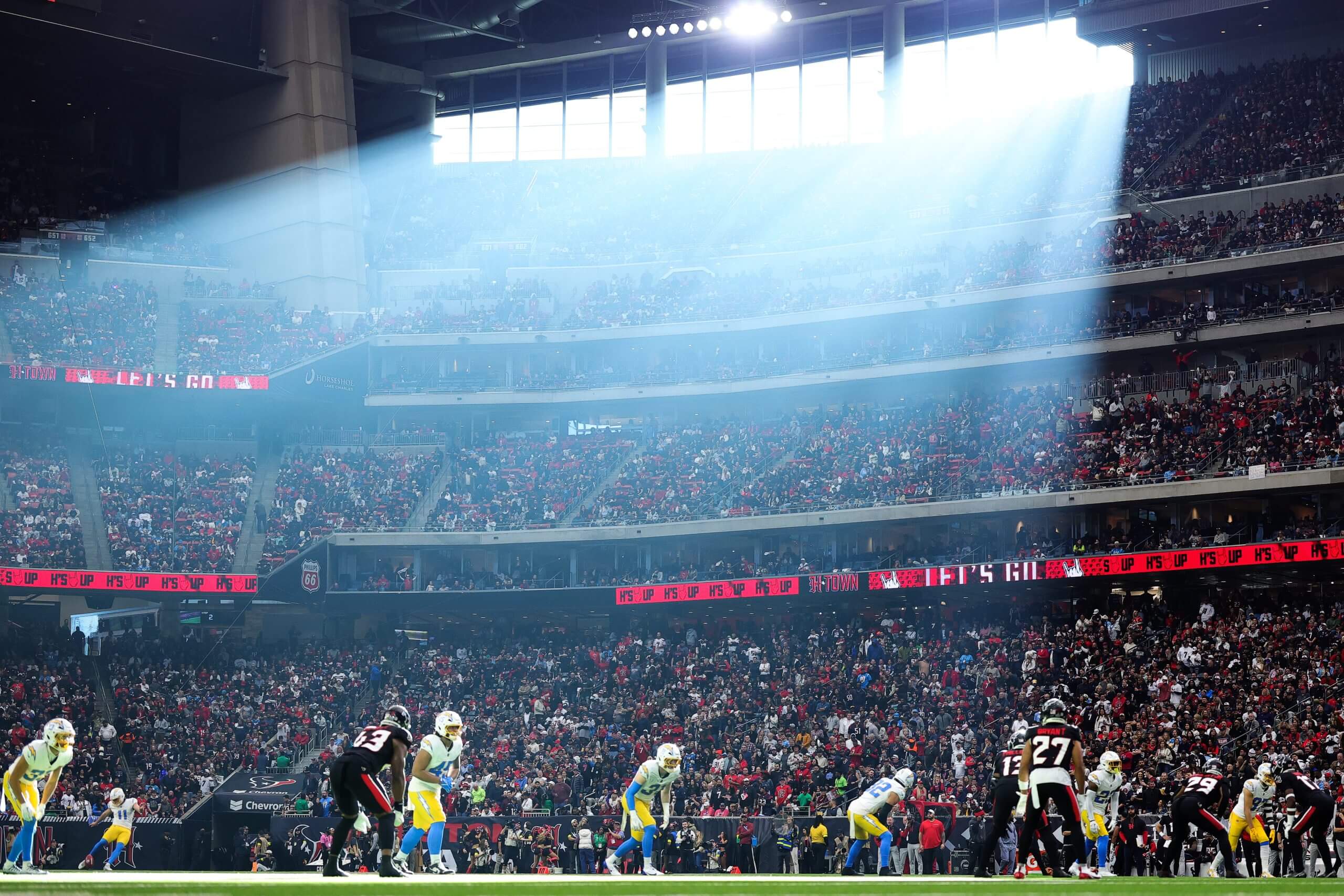 A general view of action in the first quarter of the game between the Los Angeles Chargers and Houston Texans during the AFC Wild Card Playoffs at NRG Stadium