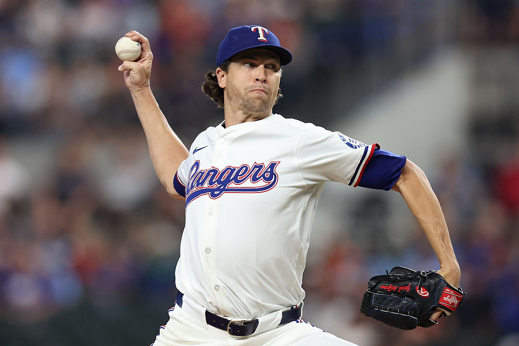 ARLINGTON, TEXAS - SEPTEMBER 06: Jacob deGrom #48 of the Texas Rangers pitches during the first inning against the Houston Astros at Globe Life Field on September 06, 2025 in Arlington, Texas. (Photo by Sam Hodde/Getty Images)