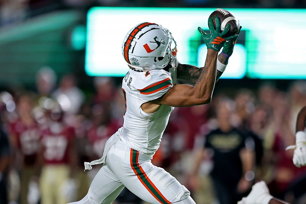 TALLAHASSEE, FLORIDA - OCTOBER 4: CJ Daniels #7 of the Miami Hurricanes makes a reception during the first half of the game against the Florida State Seminoles at Doak S. Campbell Stadium on October 4, 2025 in Tallahassee, Florida. (Photo by Jason Clark/Getty Images)