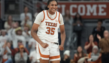 AUSTIN, TEXAS - NOVEMBER 30: Madison Booker #35 of the Texas Longhorns reacts during the first half against the Pennsylvania Quakers at Moody Center on November 30, 2025 in Austin, Texas.