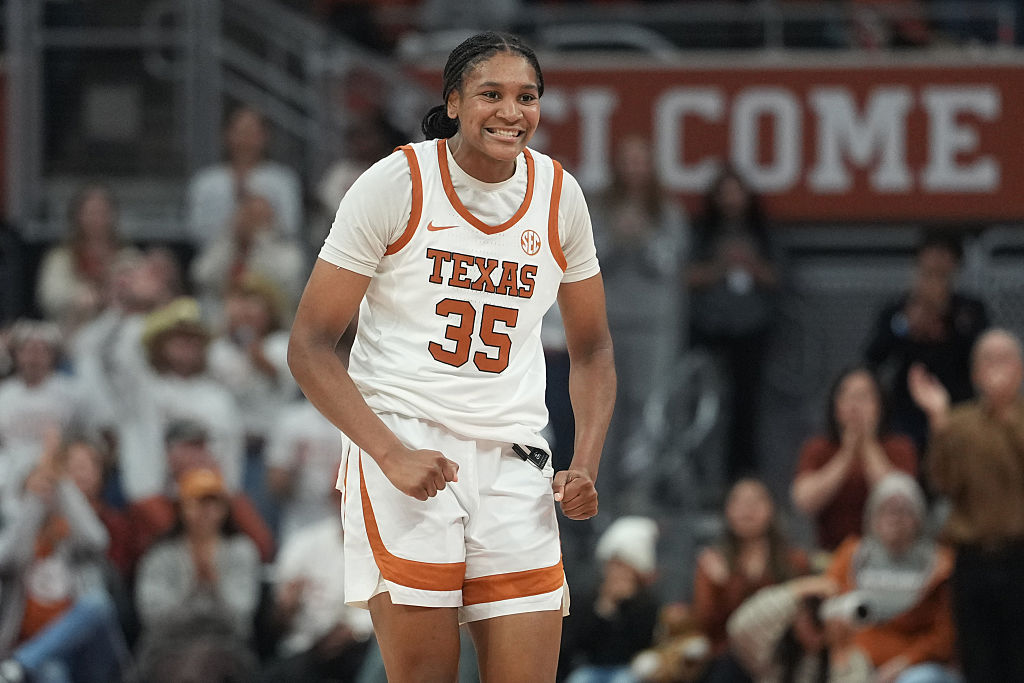 AUSTIN, TEXAS - NOVEMBER 30: Madison Booker #35 of the Texas Longhorns reacts during the first half against the Pennsylvania Quakers at Moody Center on November 30, 2025 in Austin, Texas.