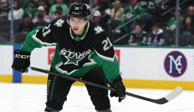 DALLAS, TEXAS - DECEMBER 21: Jason Robertson #21 of the Dallas Stars looks on during the third period against the Toronto Maple Leafs at American Airlines Center on December 21, 2025 in Dallas, Texas. (Photo by Sam Hodde/Getty Images)