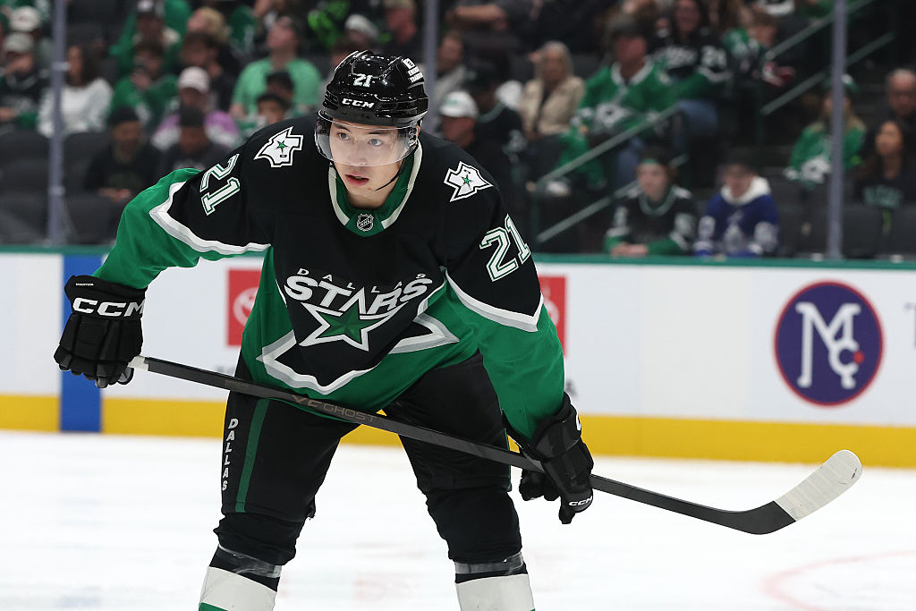 DALLAS, TEXAS - DECEMBER 21: Jason Robertson #21 of the Dallas Stars looks on during the third period against the Toronto Maple Leafs at American Airlines Center on December 21, 2025 in Dallas, Texas. (Photo by Sam Hodde/Getty Images)