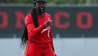 NiJaree Canady #24 of the Texas Tech Red Raiders celebrates during the third inning against the Houston Cougars at Cougar Softball Stadium on March 7, 2026 in Houston, Texas.