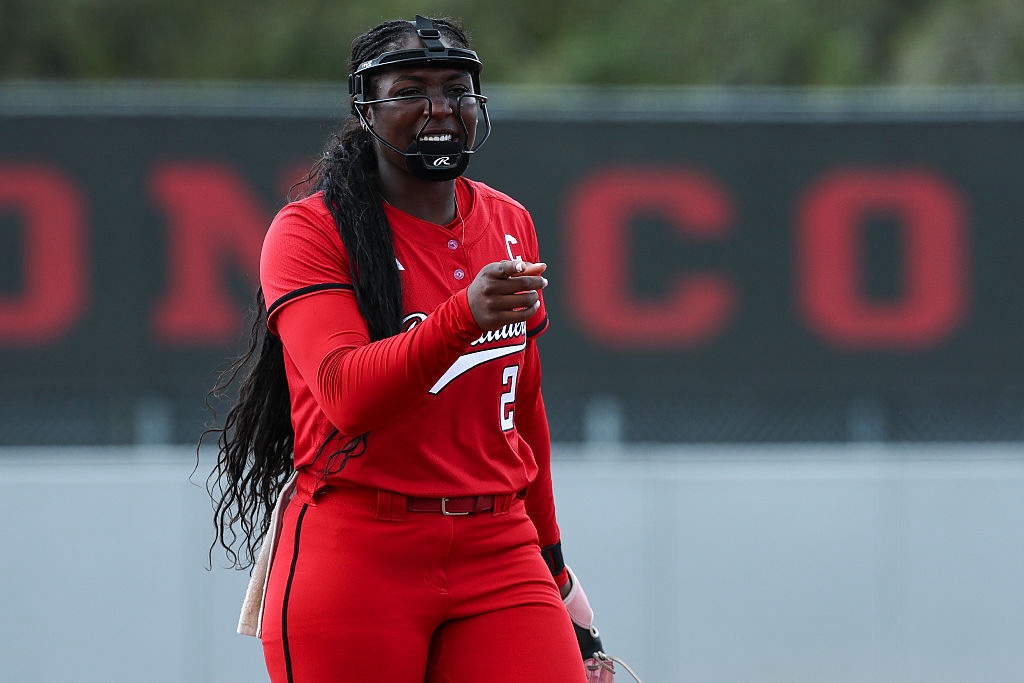 NiJaree Canady #24 of the Texas Tech Red Raiders celebrates during the third inning against the Houston Cougars at Cougar Softball Stadium on March 7, 2026 in Houston, Texas.