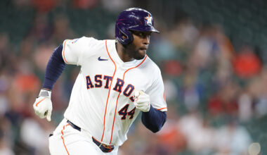 HOUSTON, TEXAS - APRIL 01: Yordan Alvarez #44 of the Houston Astros runs after hitting a double during the first inning against the Boston Red Sox at Daikin Park on April 01, 2026 in Houston, Texas. (Photo by Alex Slitz/Getty Images)