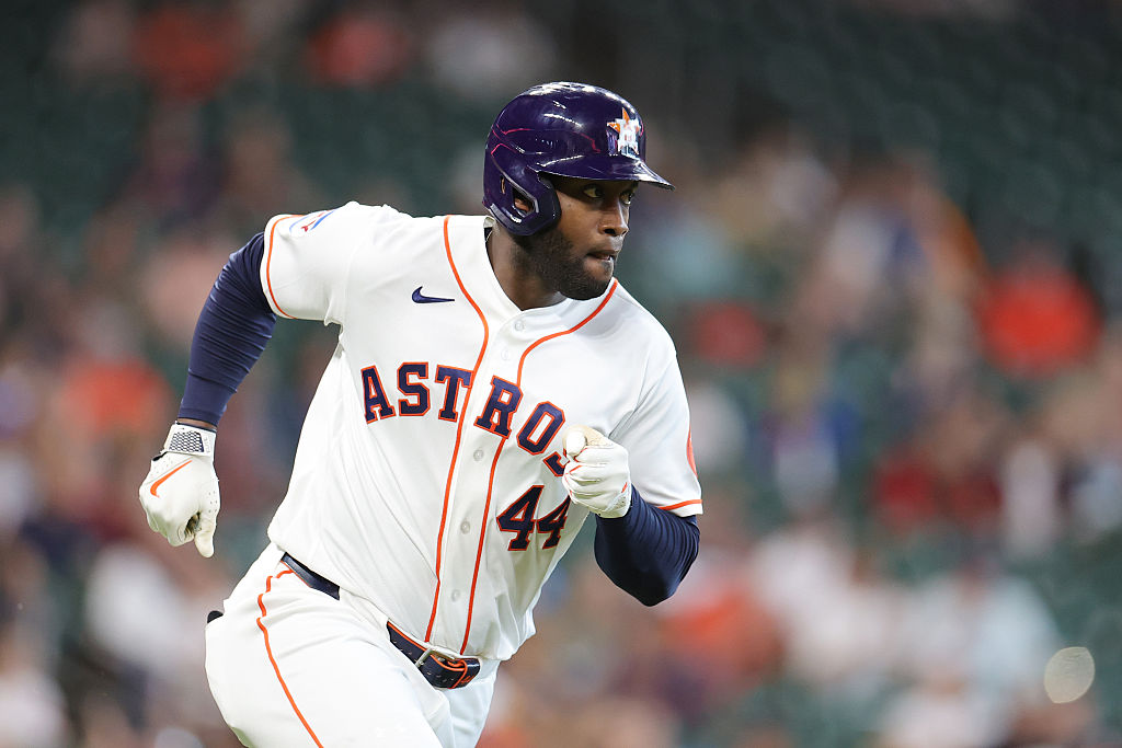 HOUSTON, TEXAS - APRIL 01: Yordan Alvarez #44 of the Houston Astros runs after hitting a double during the first inning against the Boston Red Sox at Daikin Park on April 01, 2026 in Houston, Texas. (Photo by Alex Slitz/Getty Images)