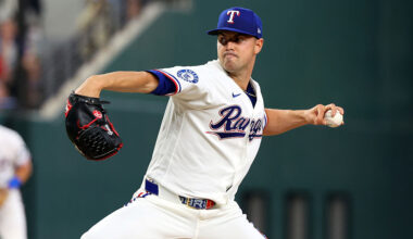 ARLINGTON, TEXAS - APRIL 03: Starting pitcher MacKenzie Gore #1 of the Texas Rangers delivers a pitch agaisnt the Cincinnati Reds in the first inning at Globe Life Field on April 03, 2026 in Arlington, Texas. (Photo by Richard Rodriguez/Getty Images)