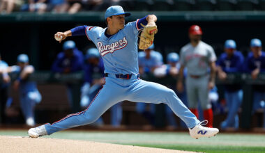 ARLINGTON, TEXAS - APRIL 5: Jack Leiter #22 of the Texas Rangers pitches against the Cincinnati Reds during the second inning at Globe Life Field on April 5, 2026 in Arlington, Texas. (Photo by Ron Jenkins/Getty Images)