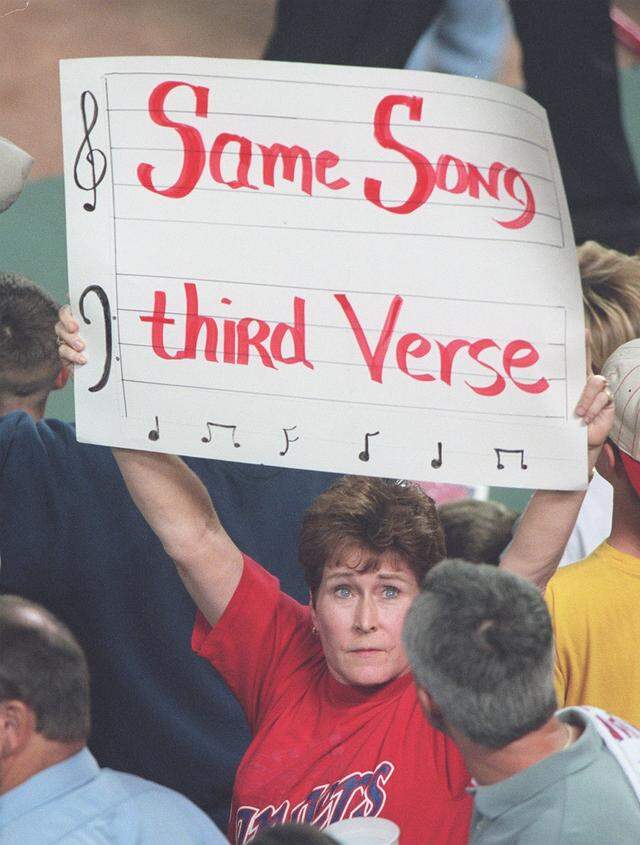 Oct. 9, 1999: The sign tells the story of Texas Rangers fans’ frustration. The Rangers were playing the New York Yankees in game 3 of the American League Division playoffs at The Ballpark in Arlington.