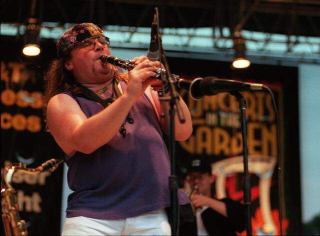 June 20, 1999: Jeffrey Barnes of Brave Combo plays at the Concerts in the Garden series at the Fort Worth Botanic Garden.