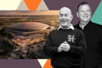 Mayor John Whitmire and Rockets owner Ambassador Tilman Fertitta with renderings of the renovation plans for Toyota Center at 1510 Polk Street in Houston