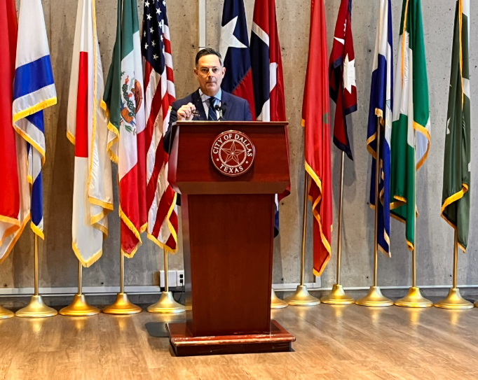 State Rep. Raphael Anchia speaks out against Abbott's threats at Dallas City Hall.